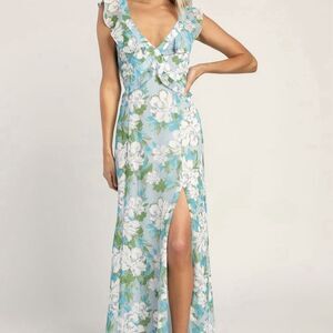 Lulus Womens Blue Floral Babydoll‎ Ruffled Maxi Dress Romantic Fairy Size XS EUC